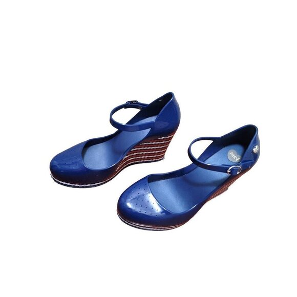 Melissa Blue Wedge Sandals with Striped Heel - Picture 1 of 12
